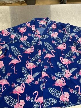 Hawaiian Vacation Tropical Navy Flamingo Print Casual Button-Down Shirt